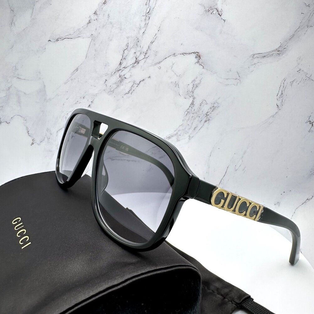 New GUCCI Sunglasses Black Acetate Pilot Aviator 58mm Navigator Gold Metal Logo - Picture 8 of 16